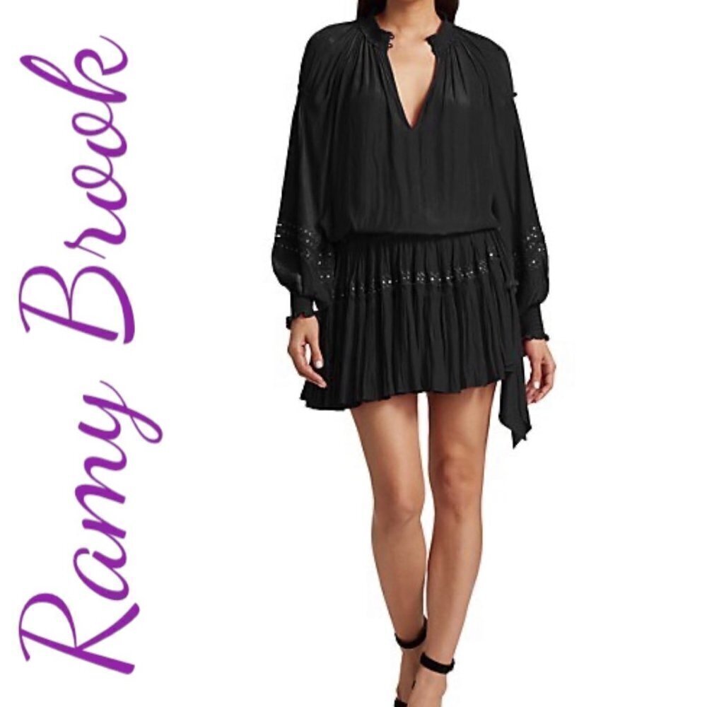 NWT RAMY BROOK Rose Long Sleeve Embellished Studded Mini Dress Grey,‎ Size XS